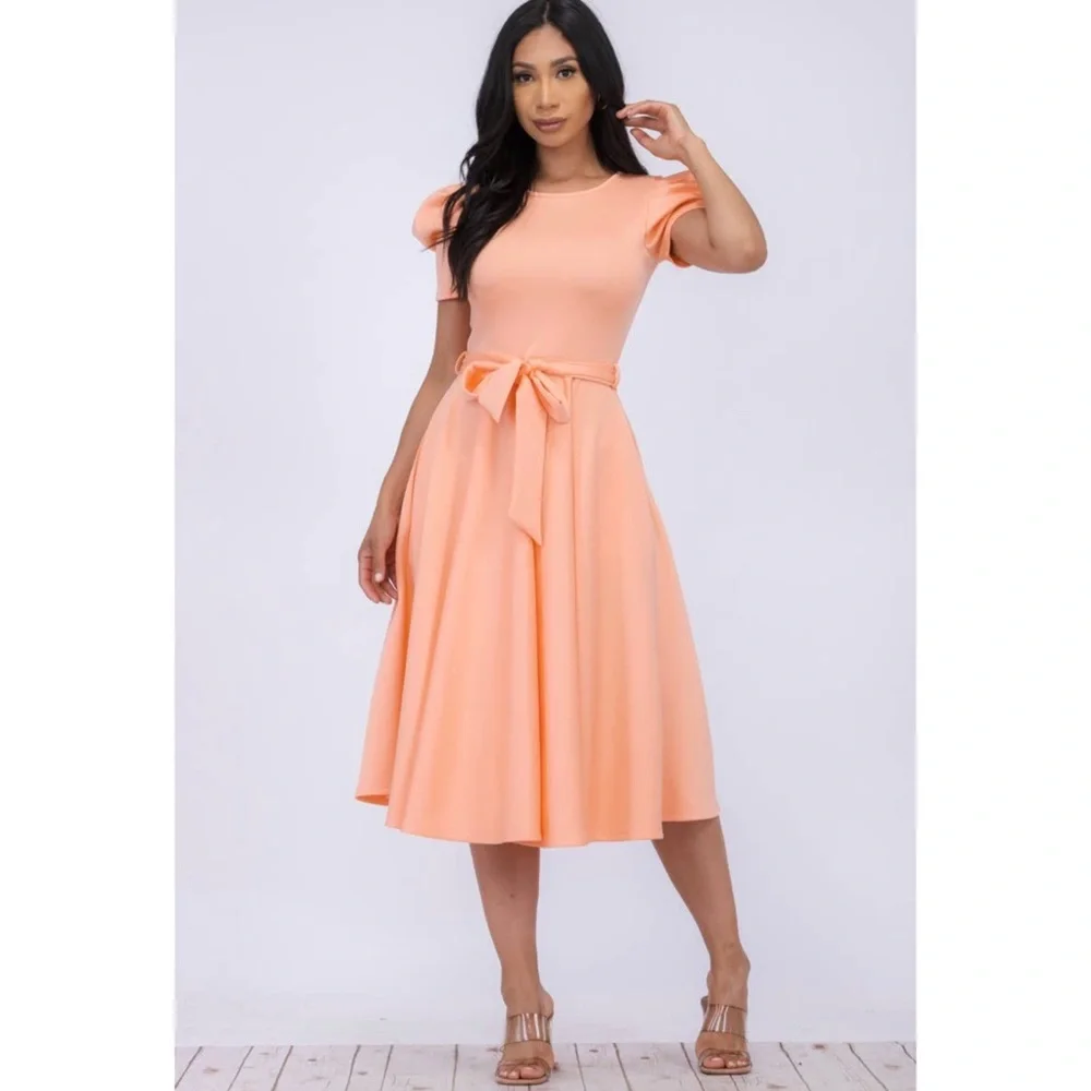Puff Sleeve Cocktail Dress, Sizes 1X - 3X (Peach) - Picture 4 of 5